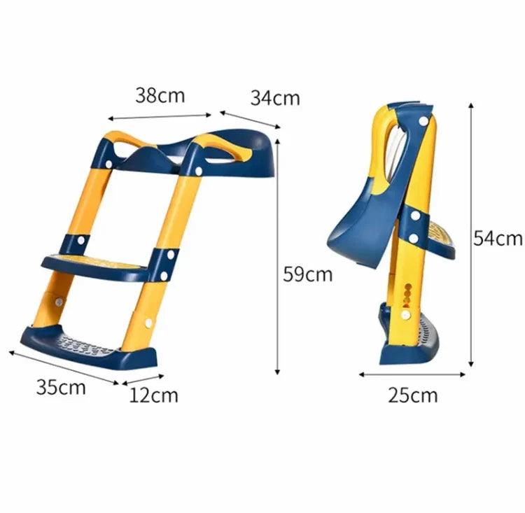 Clarify foldable step stool for kids in yellow and blue with dimensions for easy storage and use
