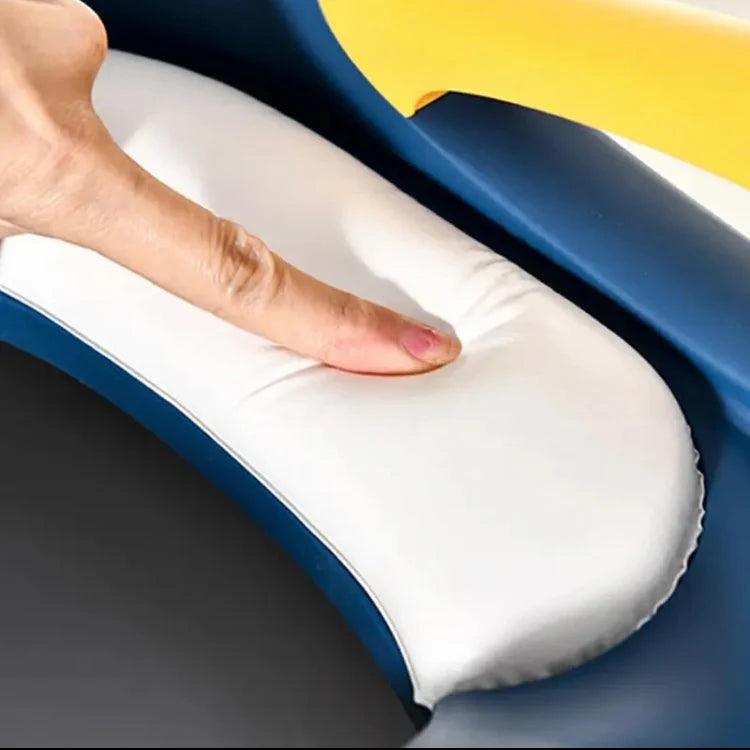 Close-up of soft padded seat on foldable step stool for kids showing cushion comfort