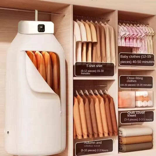Foldable travel clothes dryer hanging inside closet drying multiple shirts with timer settings