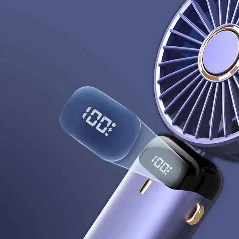 Compact foldable USB table fan in purple with digital display and sleek design for portable cooling