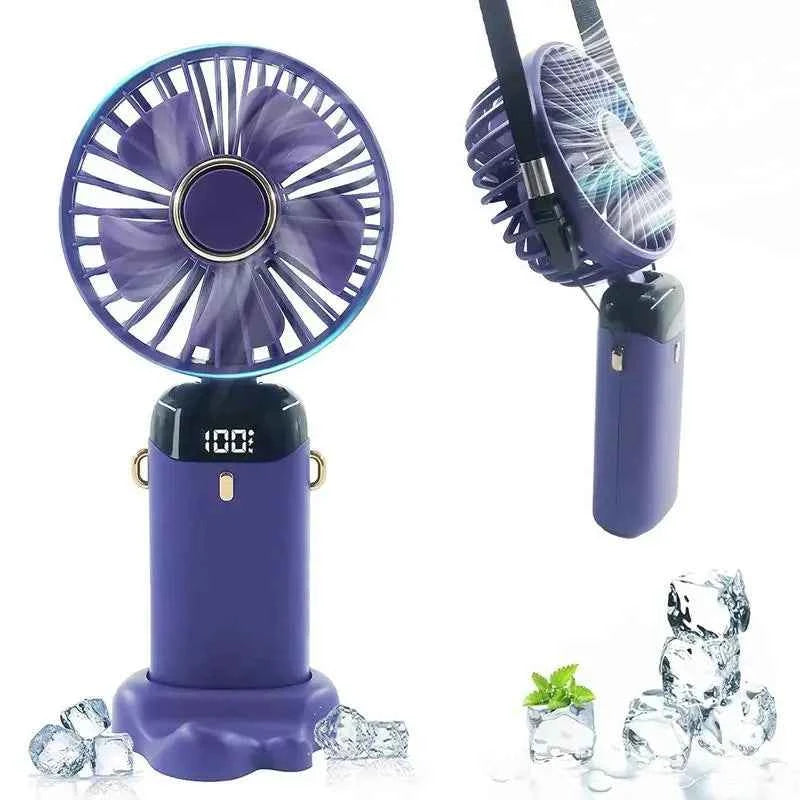 Portable purple foldable USB table fan with LED display and ice cubes for enhanced cooling