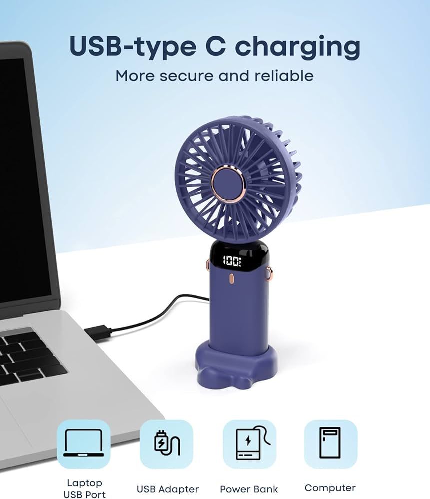 Foldable USB table fan with USB-type C charging, ideal for laptops and power banks