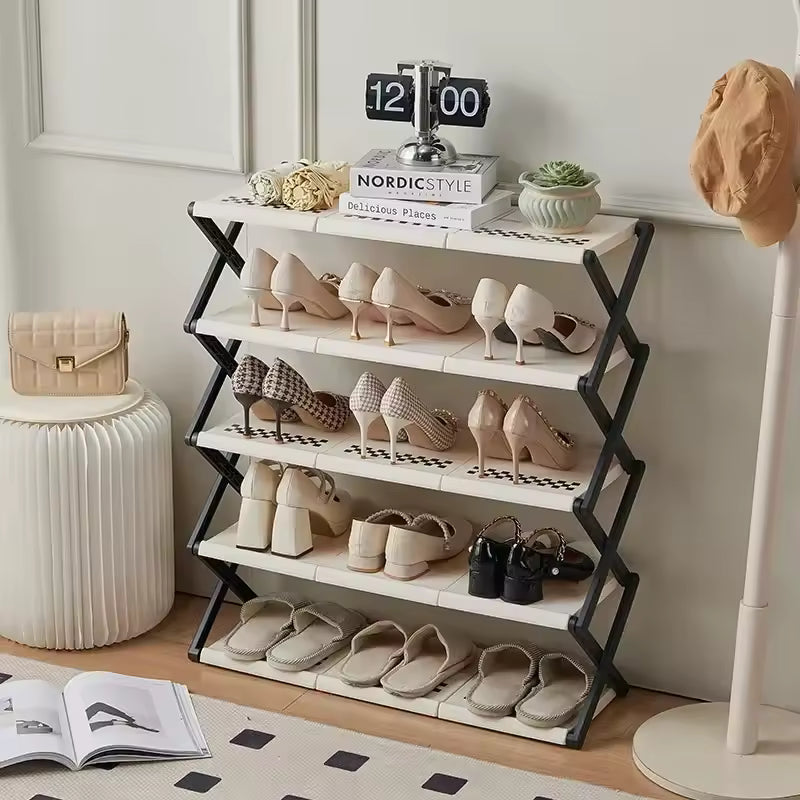 Clarify.pk folding shoe rack for home with four tiers holding various pairs of shoes in a stylish room