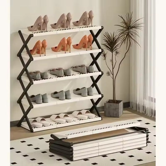 Clarify folding shoe rack for home with black frame and white shelves holding various shoes in a modern room