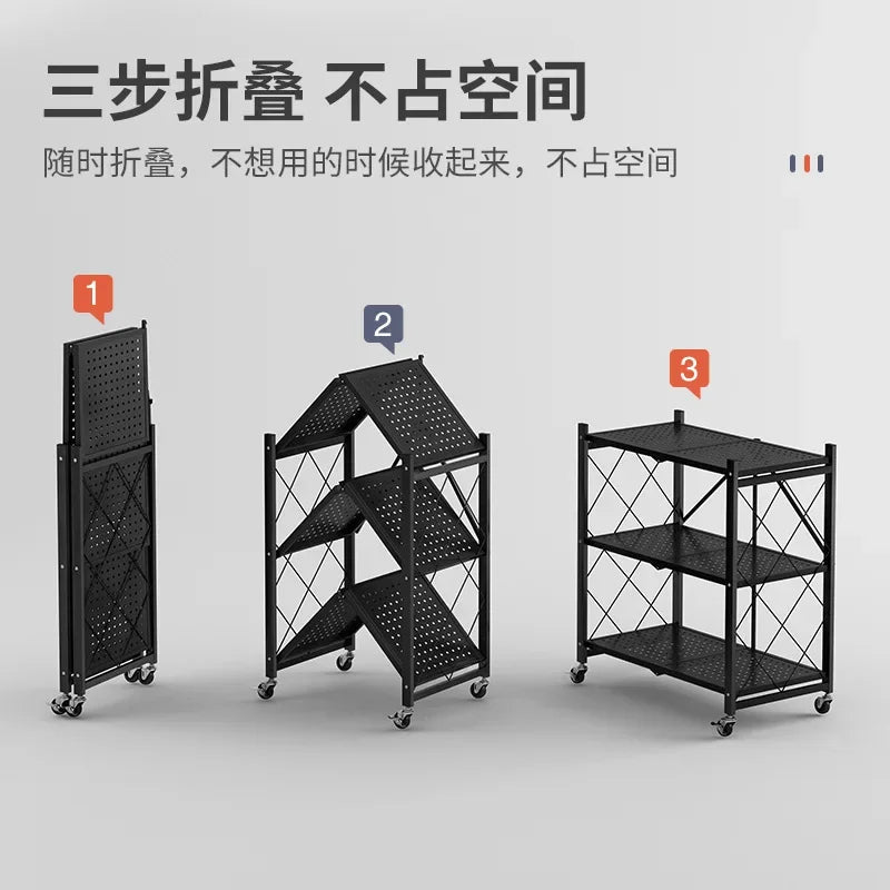 Clarify.pk folding wrought iron shelf in black showing three folding stages with wheels for easy mobility