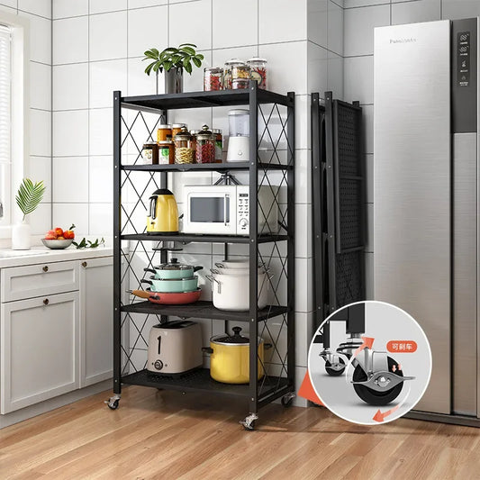 Black folding wrought iron shelf with four tiers and wheels for kitchen storage by Clarify.pk