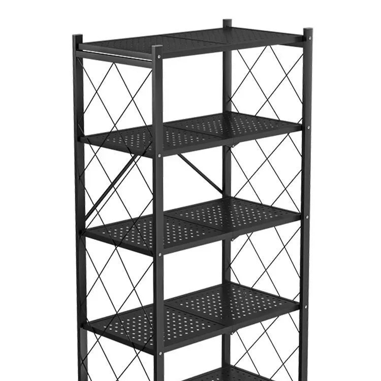 Black folding wrought iron shelf with multiple perforated shelves and crisscross side supports