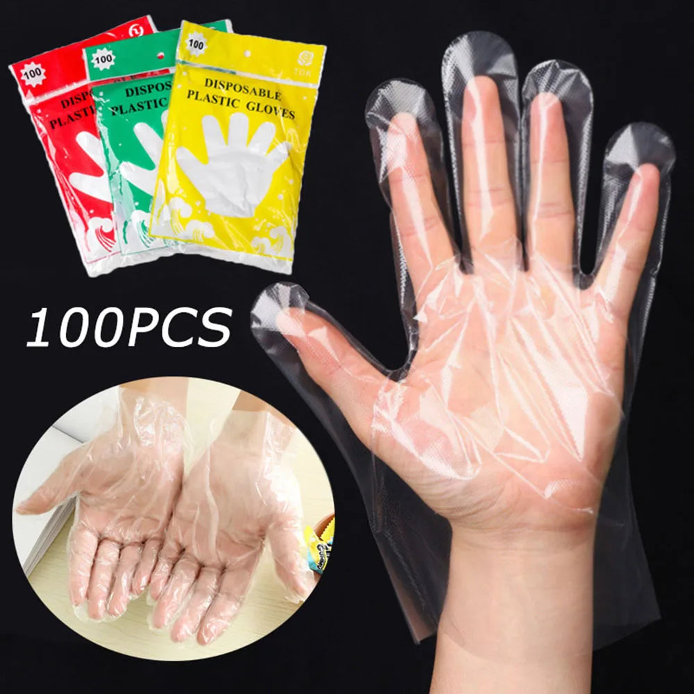 Clear food grade disposable gloves worn on hand with colorful 100pcs plastic glove packaging