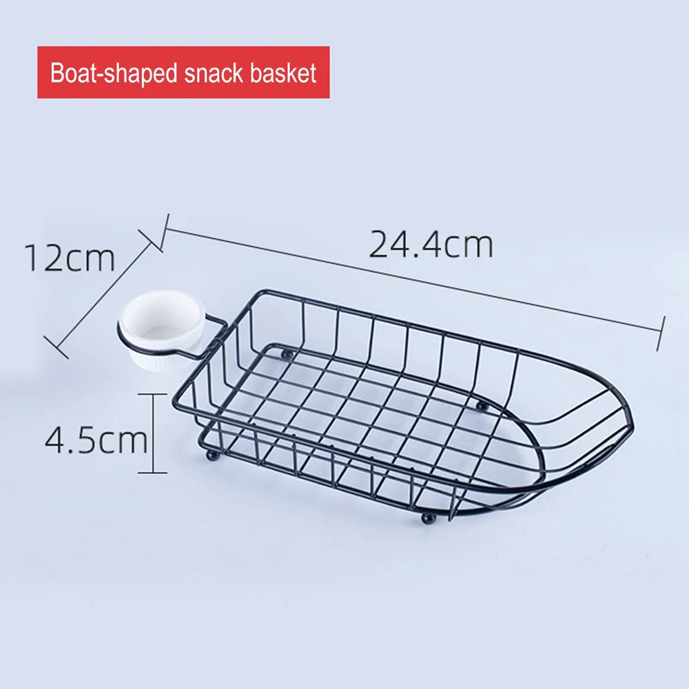 Boat-shaped black wire french fries basket with small white sauce cup and dimensions