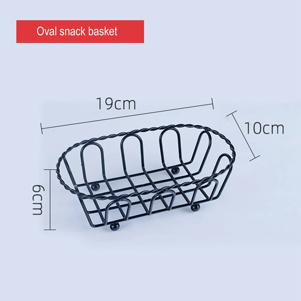 Oval black metal french fries basket with dimensions 19cm by 10cm by 6cm for serving snacks