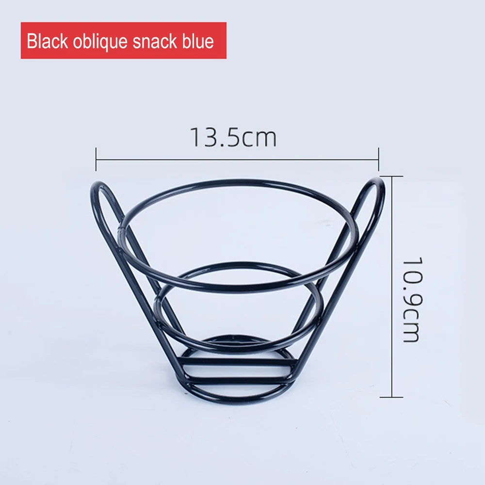 Black metal french fries basket with oblique design and handles measuring 13.5 by 10.9 centimeters
