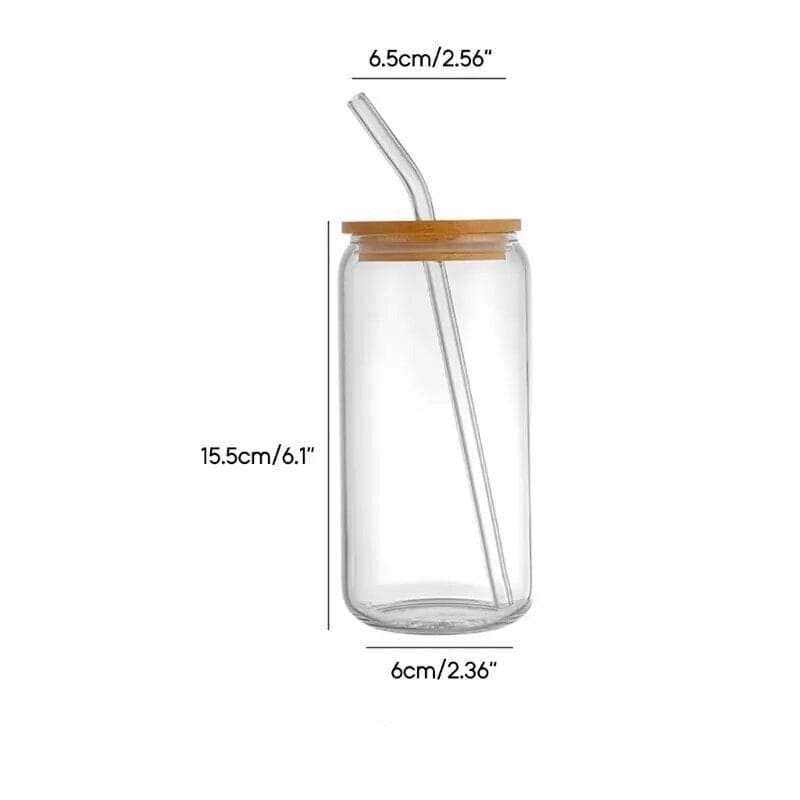 Clear glass cup with bamboo lid iced coffee mug and reusable glass straw showing dimensions