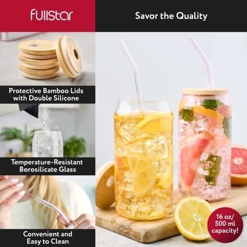 Bamboo lid iced coffee mug with temperature-resistant borosilicate glass and double silicone lid by Clarify.pk