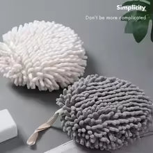 Gray and white fuzzy ball microfiber hand towel set with hanging loops for drying and cleaning