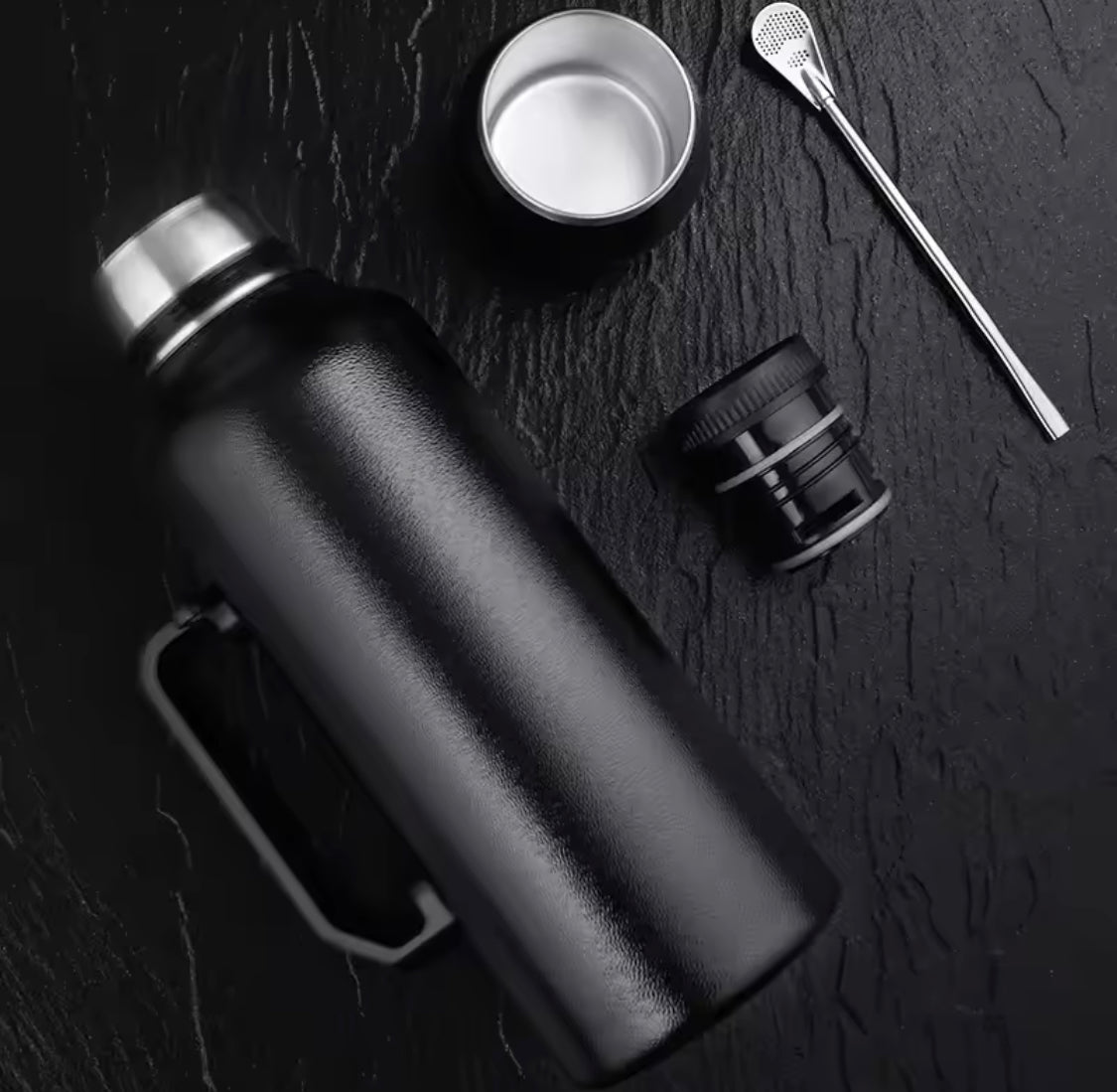 1200ml stainless steel thermos in black with detachable cup and metal straw by Clarify.pk