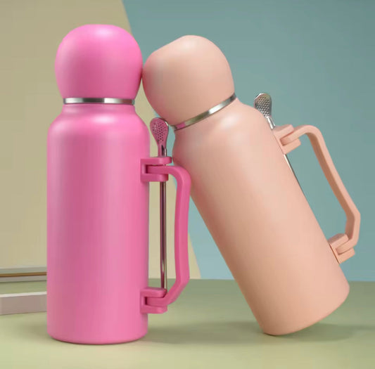 Two 1200ml stainless steel thermos bottles in pink and peach colors with handles and spoons attached