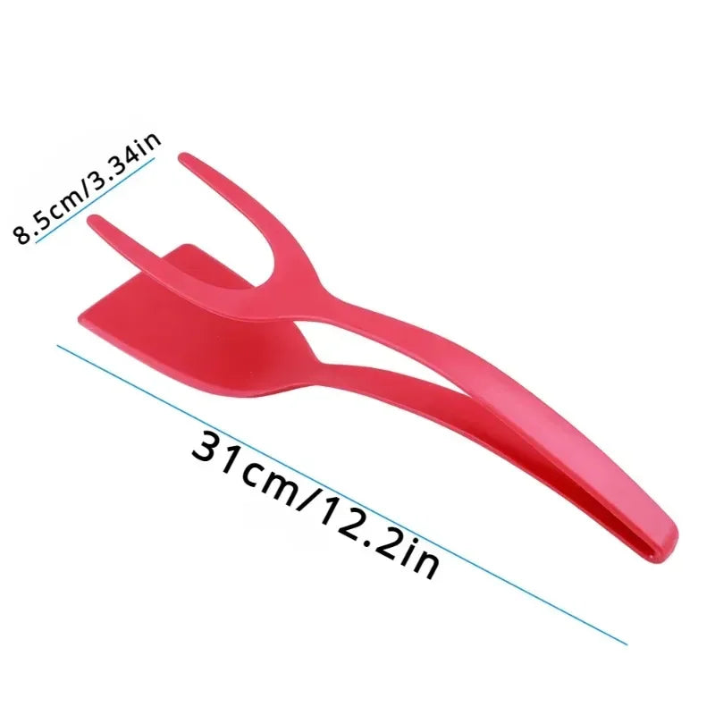 Red 2 in 1 kitchen spatula with fork and flat spatula design measuring 12.2 inches long