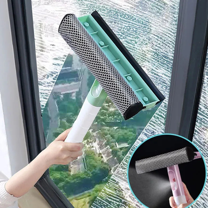 3 in 1 glass cleaning tool by Clarify.pk shown cleaning a window with squeegee, scrubber, and roller features