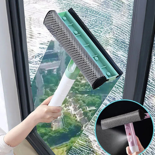 3 in 1 glass cleaning tool by Clarify.pk shown cleaning a window with squeegee, scrubber, and roller features