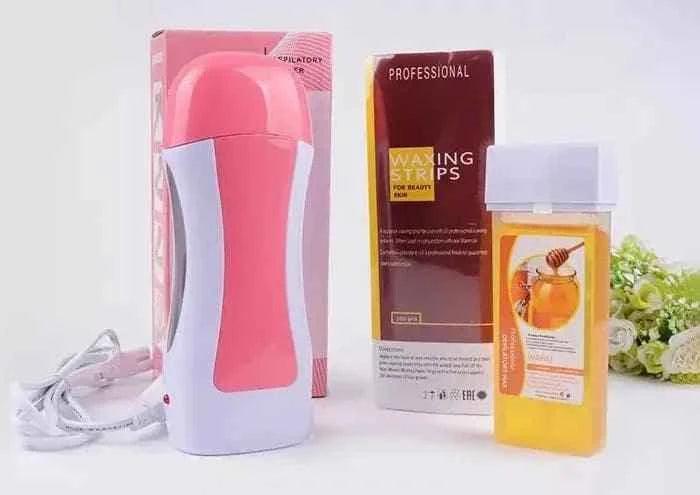 Clarify 3 in 1 wax heater with pink and white design, accompanied by waxing strips and honey wax bottle