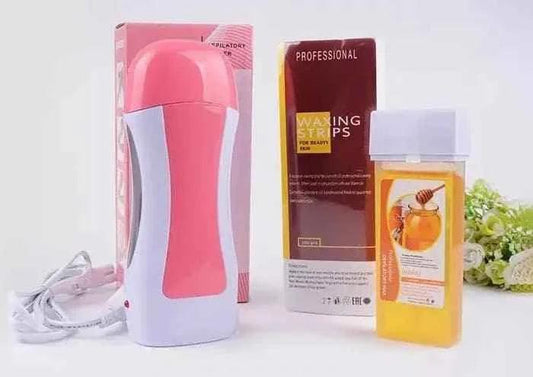 Clarify 3 in 1 wax heater with pink and white design, accompanied by waxing strips and honey wax bottle