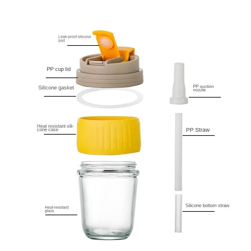 Clarify.pk 350ml cute travel mug with heat-resistant glass, silicone case, PP lid, and silicone gasket