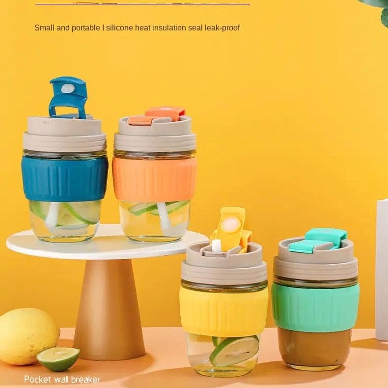 Set of 350ml cute travel mug in blue, orange, yellow, and green with silicone heat insulation and leak-proof lids