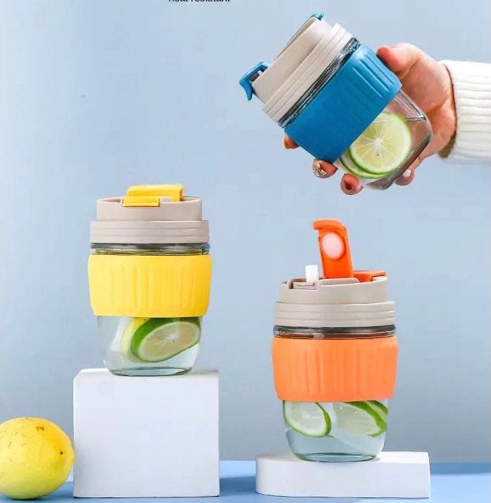 Clarify.pk 350ml cute travel mug set with colorful silicone grips and lemon slices inside