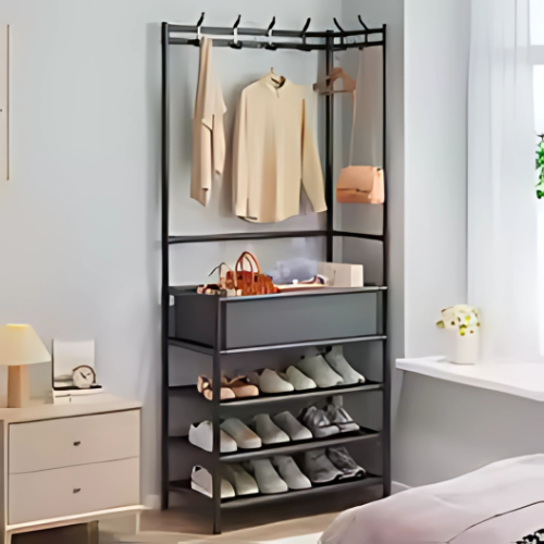Clarify.pk 5 layer multi-functional clothes organizer black metal coat rack with hanging space and shoe shelves