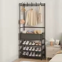 5 layer multi-functional clothes organizer coat rack with hanging rods and shoe shelves in black
