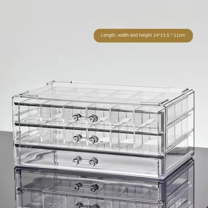 Clear acrylic drawer jewelry storage case with multiple compartments and crystal handles