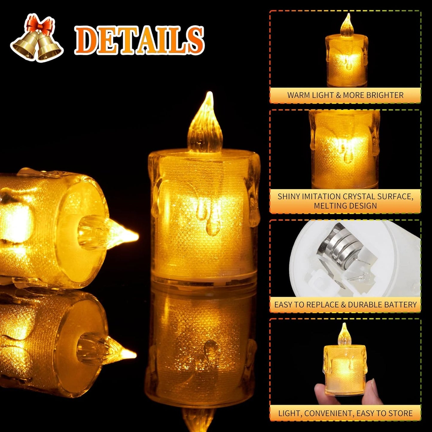 Acrylic LED candle lamp with warm light, crystal surface, melting design, and replaceable battery