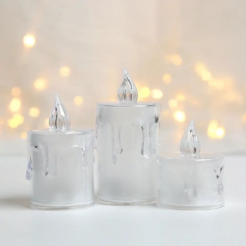 Three clear acrylic LED candle lamp set with realistic flame design and dripping wax effect