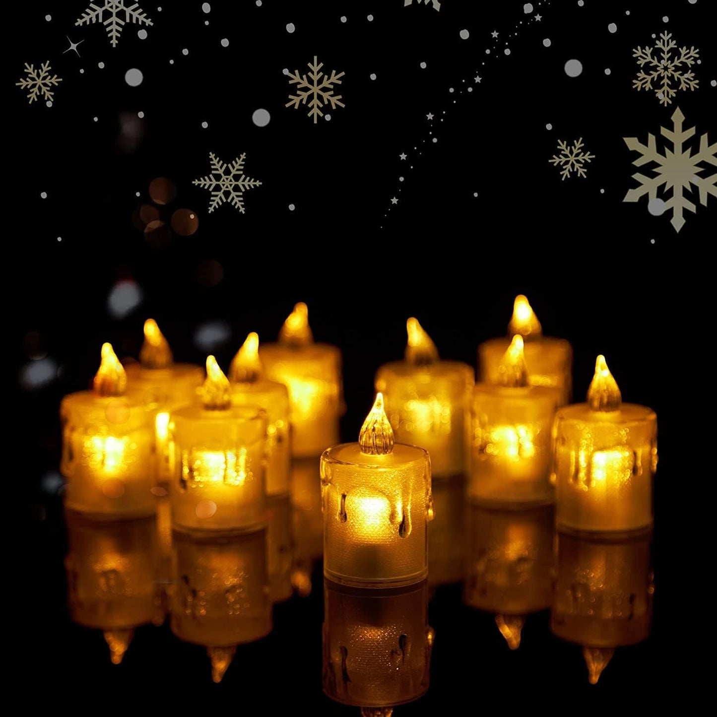 Set of warm glowing acrylic LED candle lamp with realistic flame effect on reflective surface