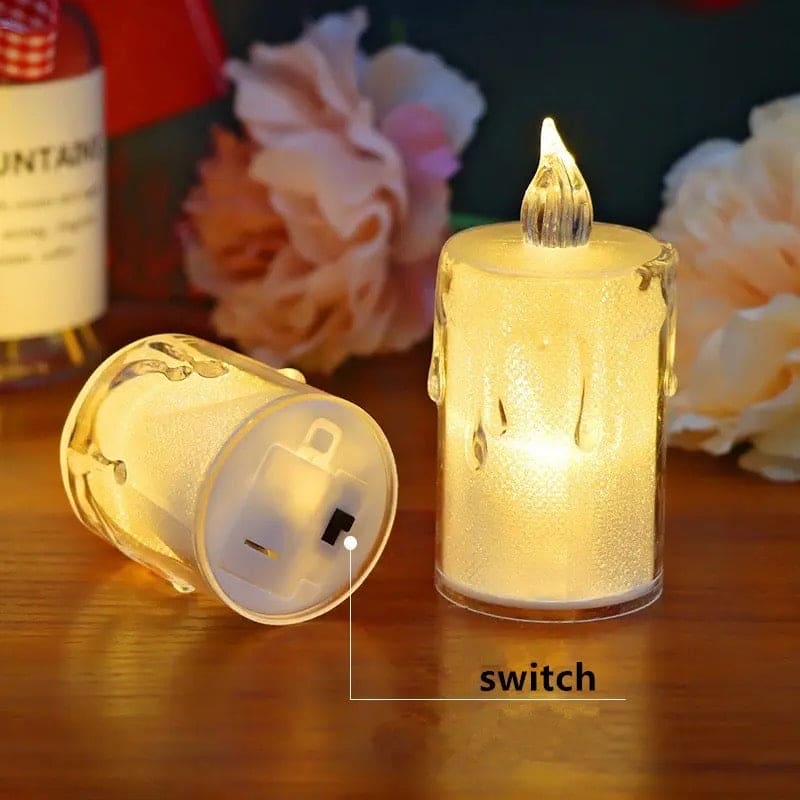Clarify.pk acrylic LED candle lamp set with warm light and on off switch on wooden surface