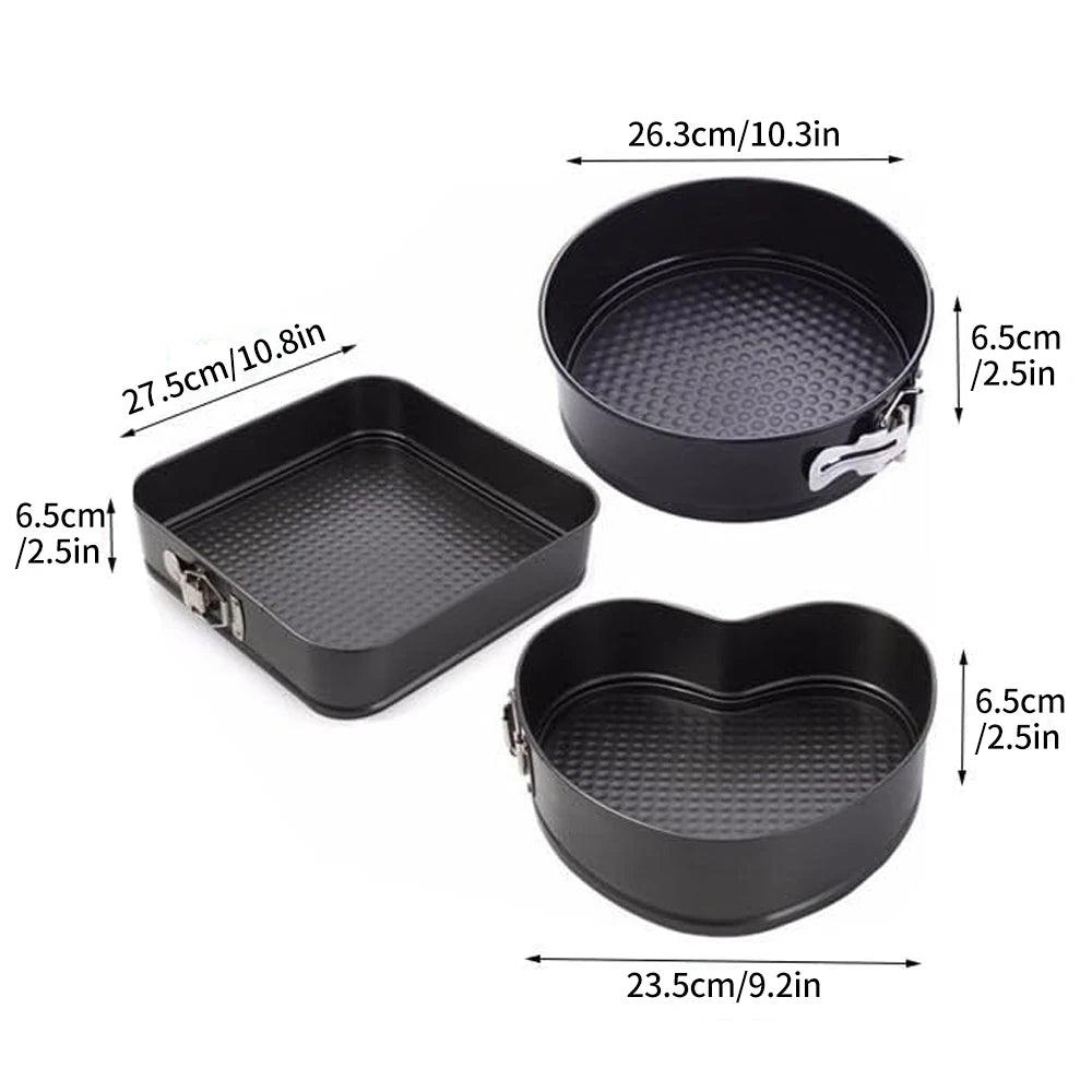 Clarify.pk black non-stick cake pans set with round, square, and heart shapes with springform sides