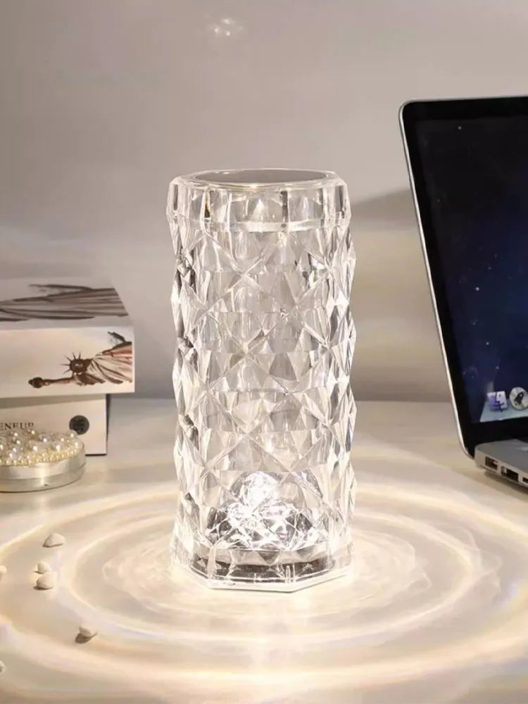 Clarify.pk crystal diamond table lamp with intricate geometric design casting light patterns