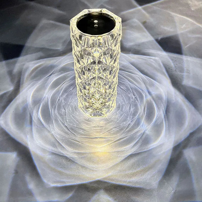 Clarify.pk crystal diamond table lamp casting intricate light patterns with textured glass design