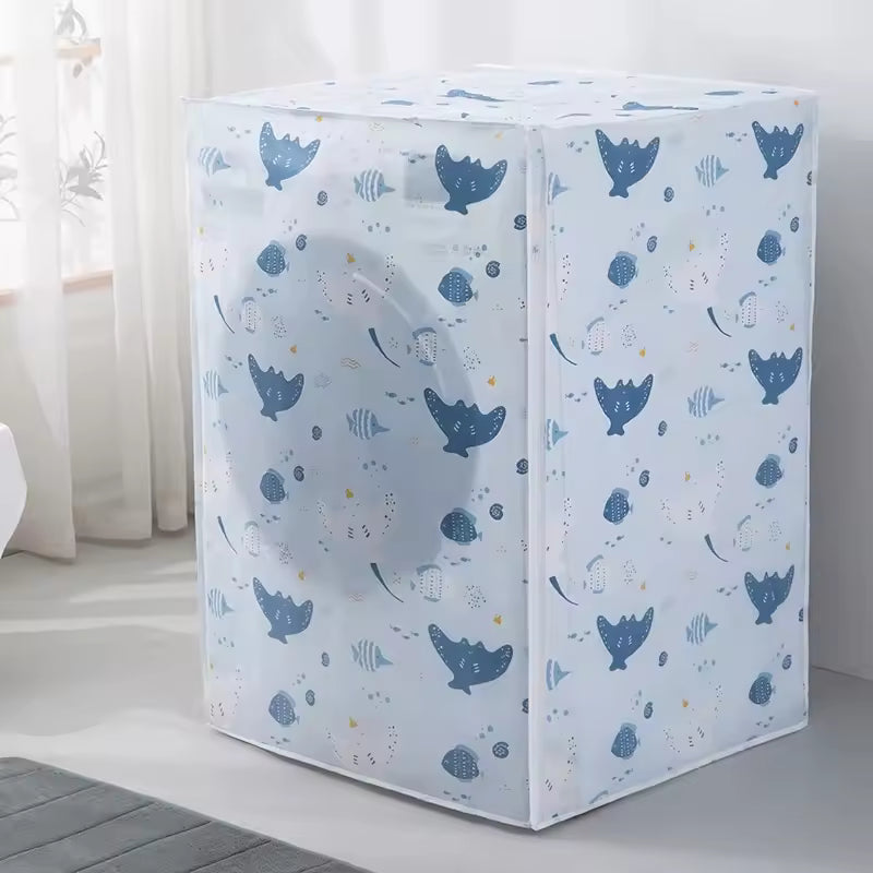 Clarify.pk drum washing machine cover with blue fish pattern protecting washer in white room