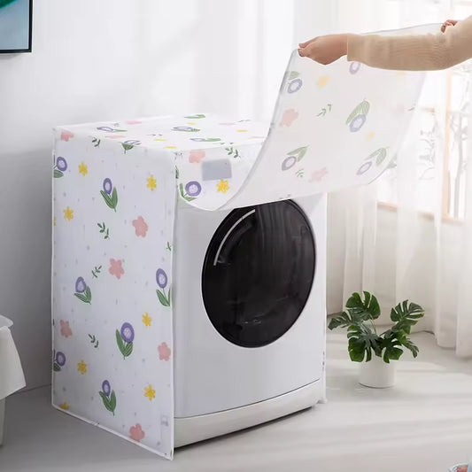 Floral patterned drum washing machine cover being placed on white front-load washing machine