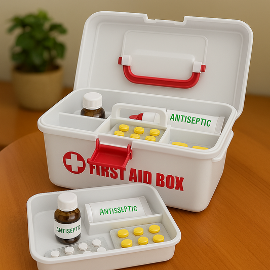 White first aid kit box with red handle containing antiseptic bottles and yellow tablets on wooden surface