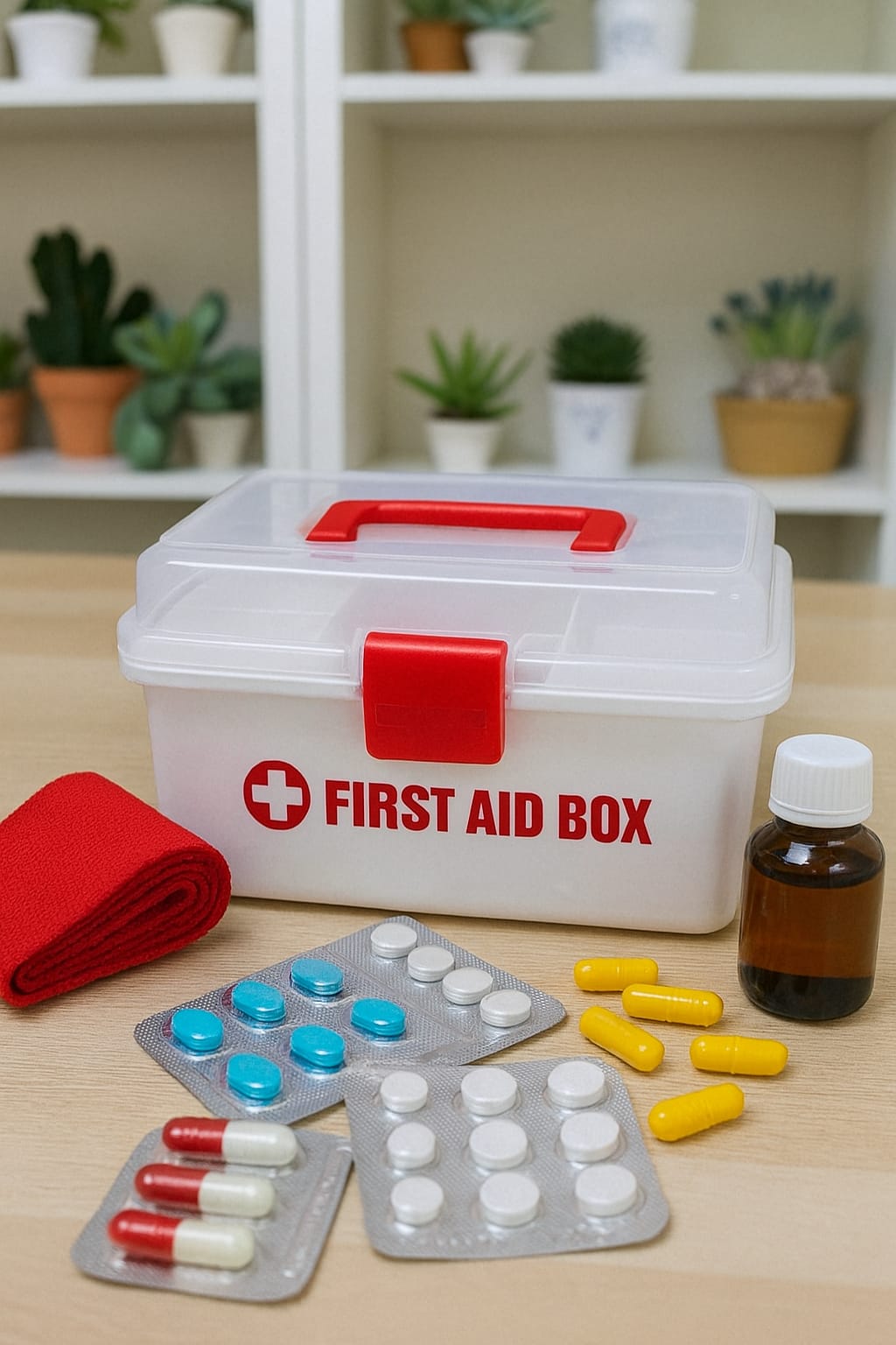 Clarify.pk first aid kit box with red handle and latch, surrounded by tablets, capsules, bandage, and medicine bottle