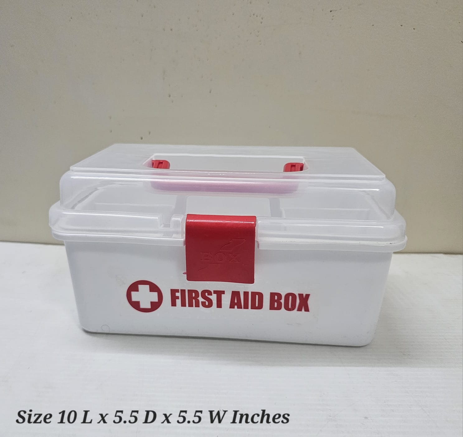 Clarify.pk white first aid kit box with red latch and handle measuring 10 by 5.5 inches