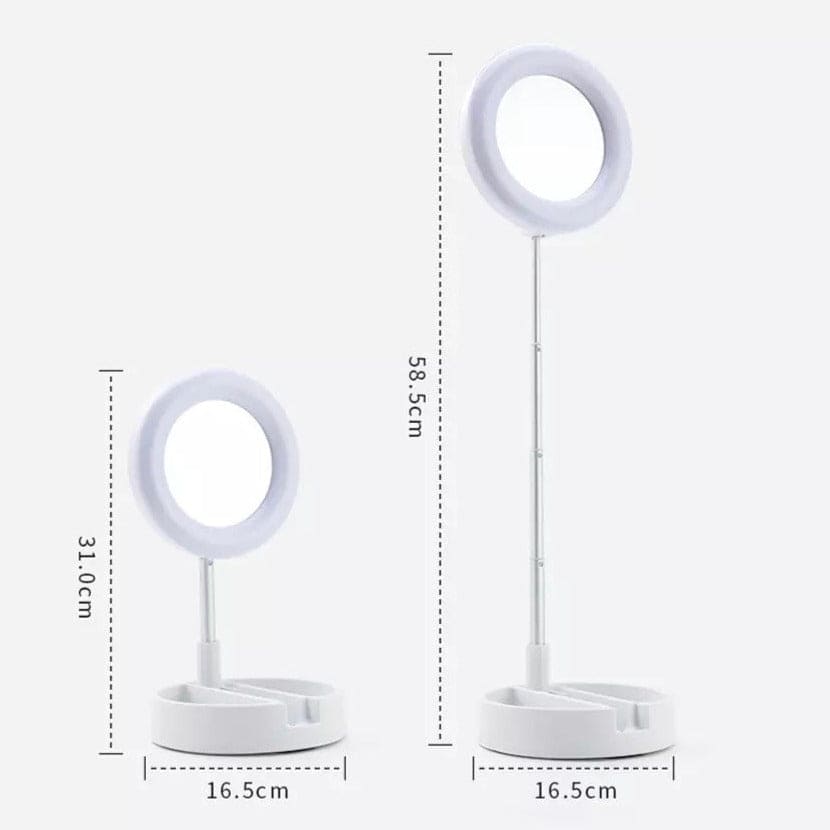 Foldable selfie stick with ring light in compact and extended heights for versatile use