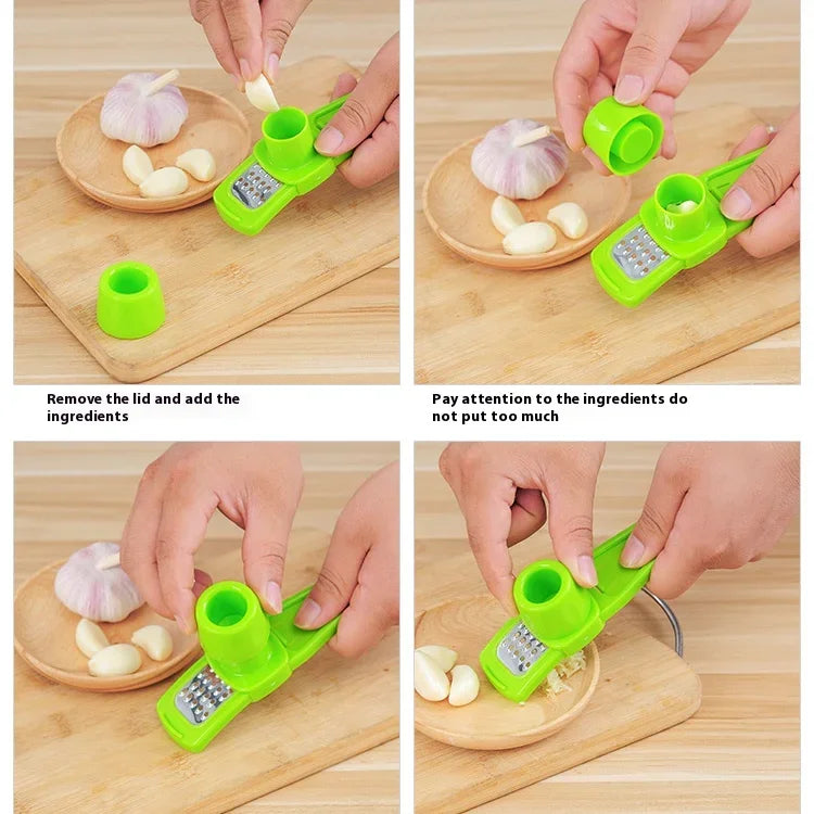 Clarify.pk green ginger garlic crusher tool used to crush garlic cloves on wooden cutting board