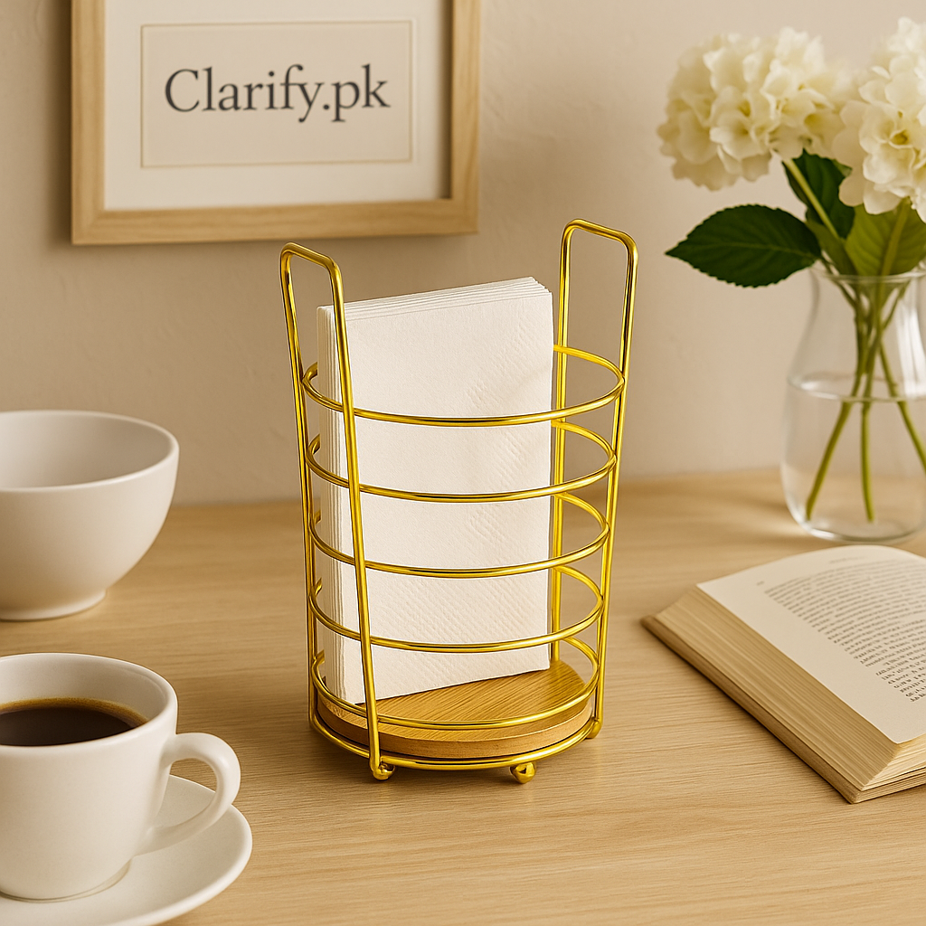 Golden holder napkin dispenser on wooden table with flowers coffee and open book nearby