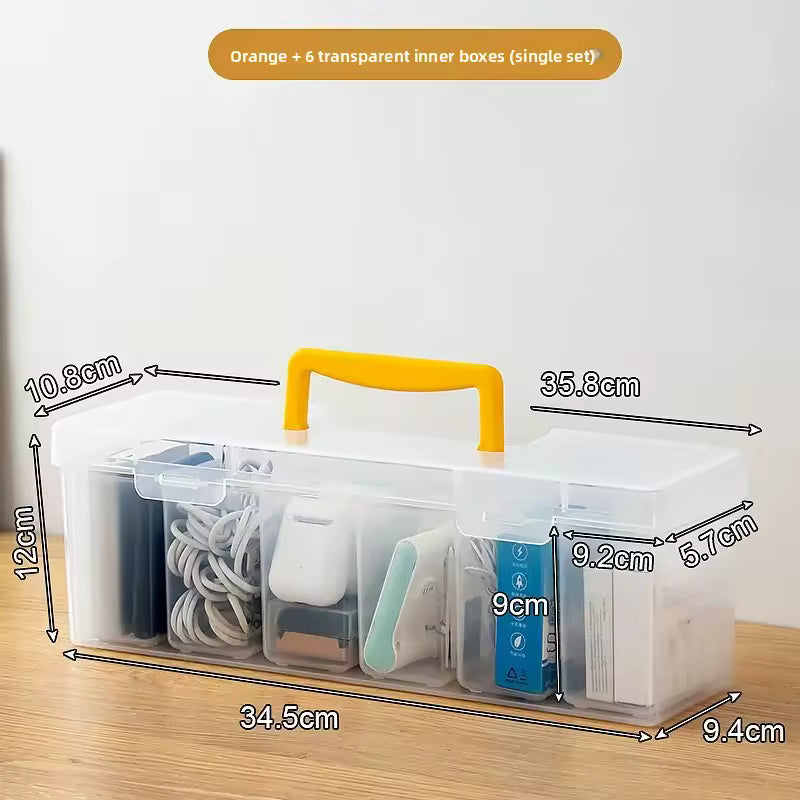 Clarify.pk large capacity organizer storage box with orange handle and six transparent inner compartments