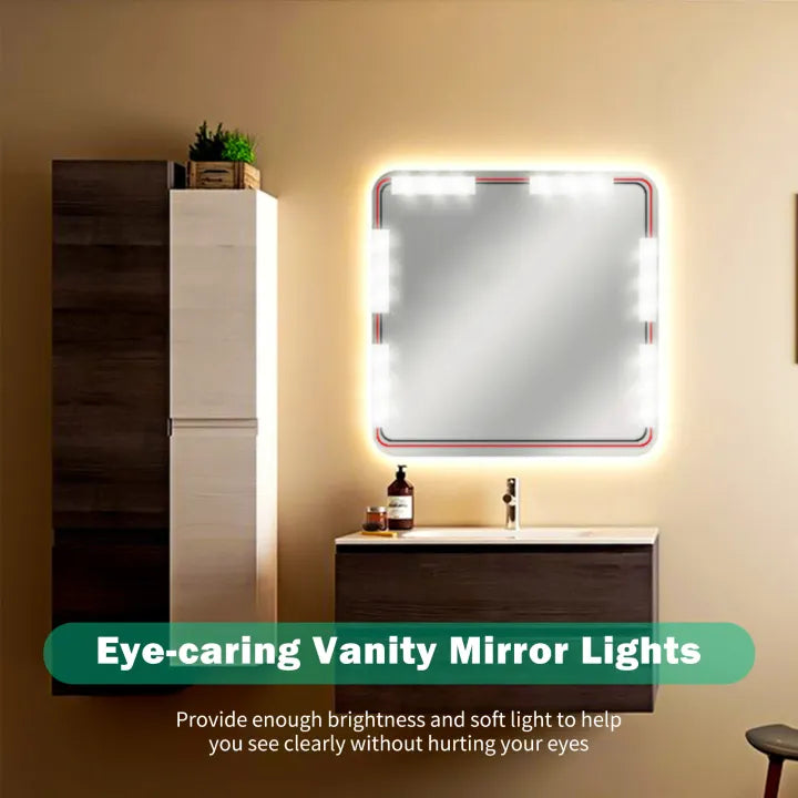 Square vanity mirror with LED vanity mirror lights mounted on a bathroom wall above sink