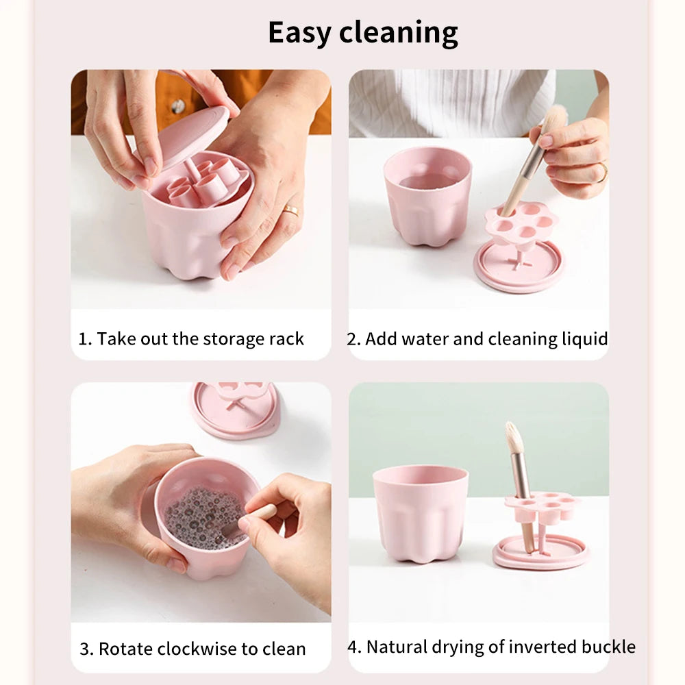 Step-by-step use of makeup brush cleaner box showing storage rack removal, adding water, cleaning brush, and drying process