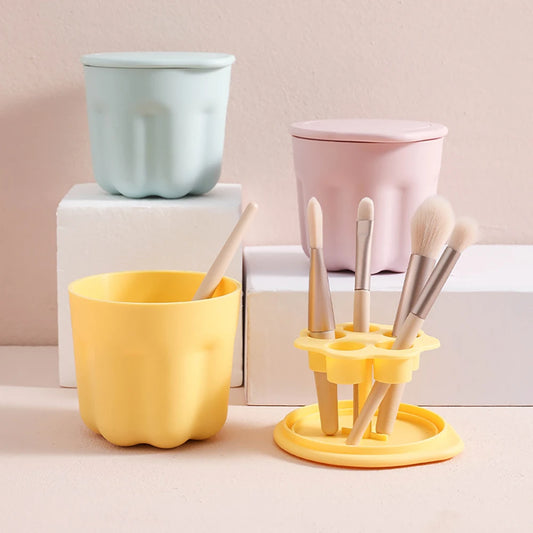Clarify.pk pastel makeup brush cleaner box set with yellow brush holder and cleaning cups in blue and pink